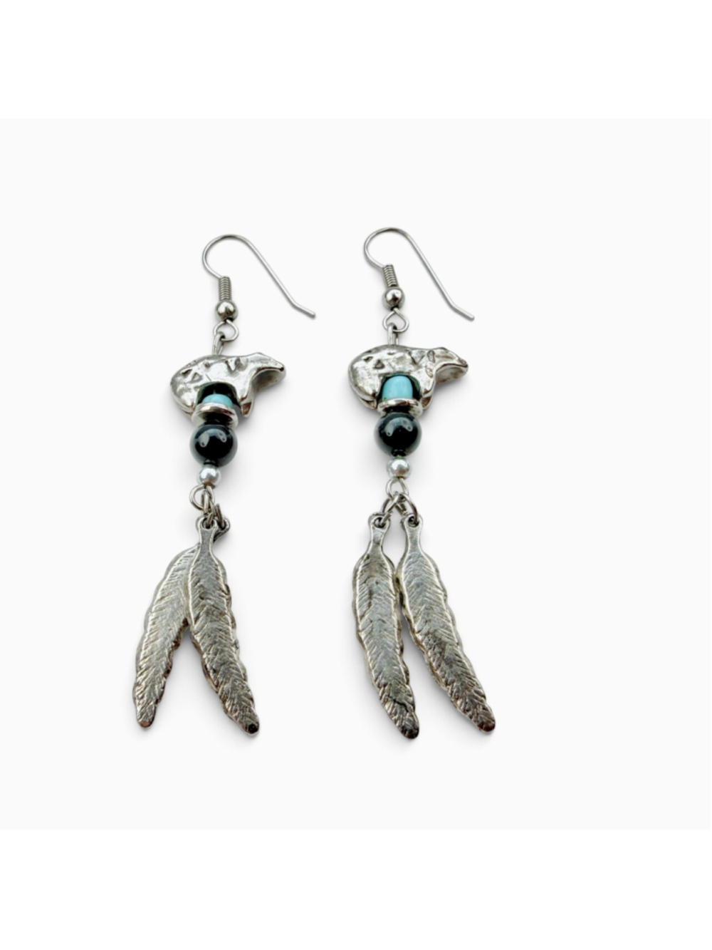 Bear Feather Earrings, Turquoise Black Beaded Dangle Earrings, Southwestern